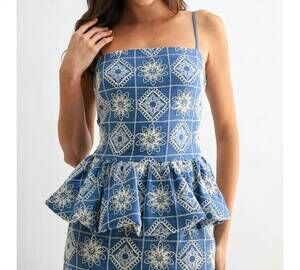 NEW CAMELLIA daisy embroidered peplum top in blue